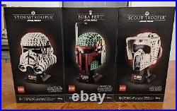 Lot of 3 LEGO Star Wars Helmets 75276,75305,75277 Stormtrooper, Boba Fett, Scout